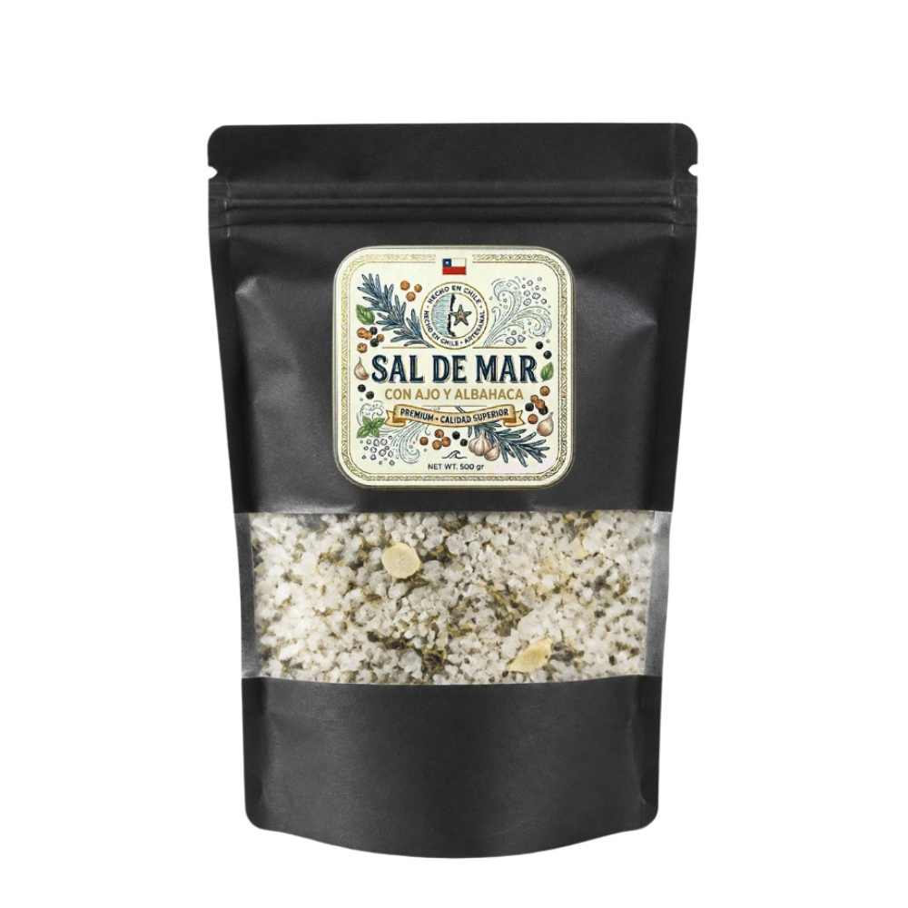 Sal de mar ajo y albahaca en bolsa DoyPack 500g - Pack Sabores de la Tierra, Marlini Gourmet