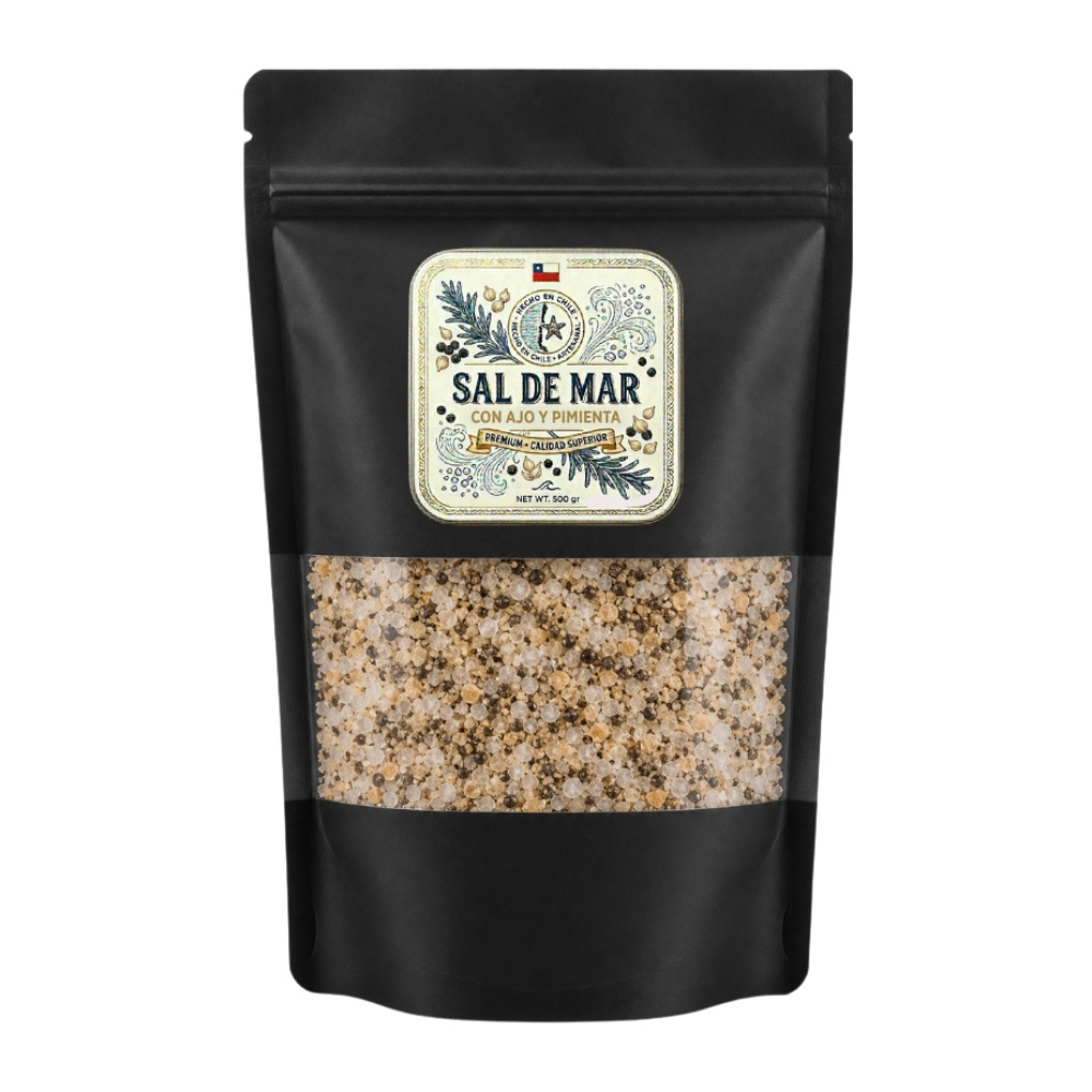 Sal de mar ajo y pimienta en bolsa DoyPack 500g - Pack Maestro Parrillero, Marlini Gourmet