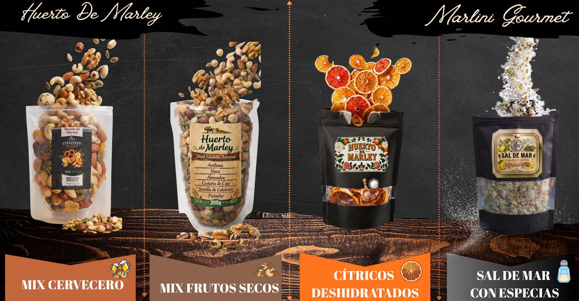 Marlini Gourmet y Huerto de Marley - Mix Cervecero, Mix Frutos Secos, Cítricos Deshidratados, Sal de Mar con Especias