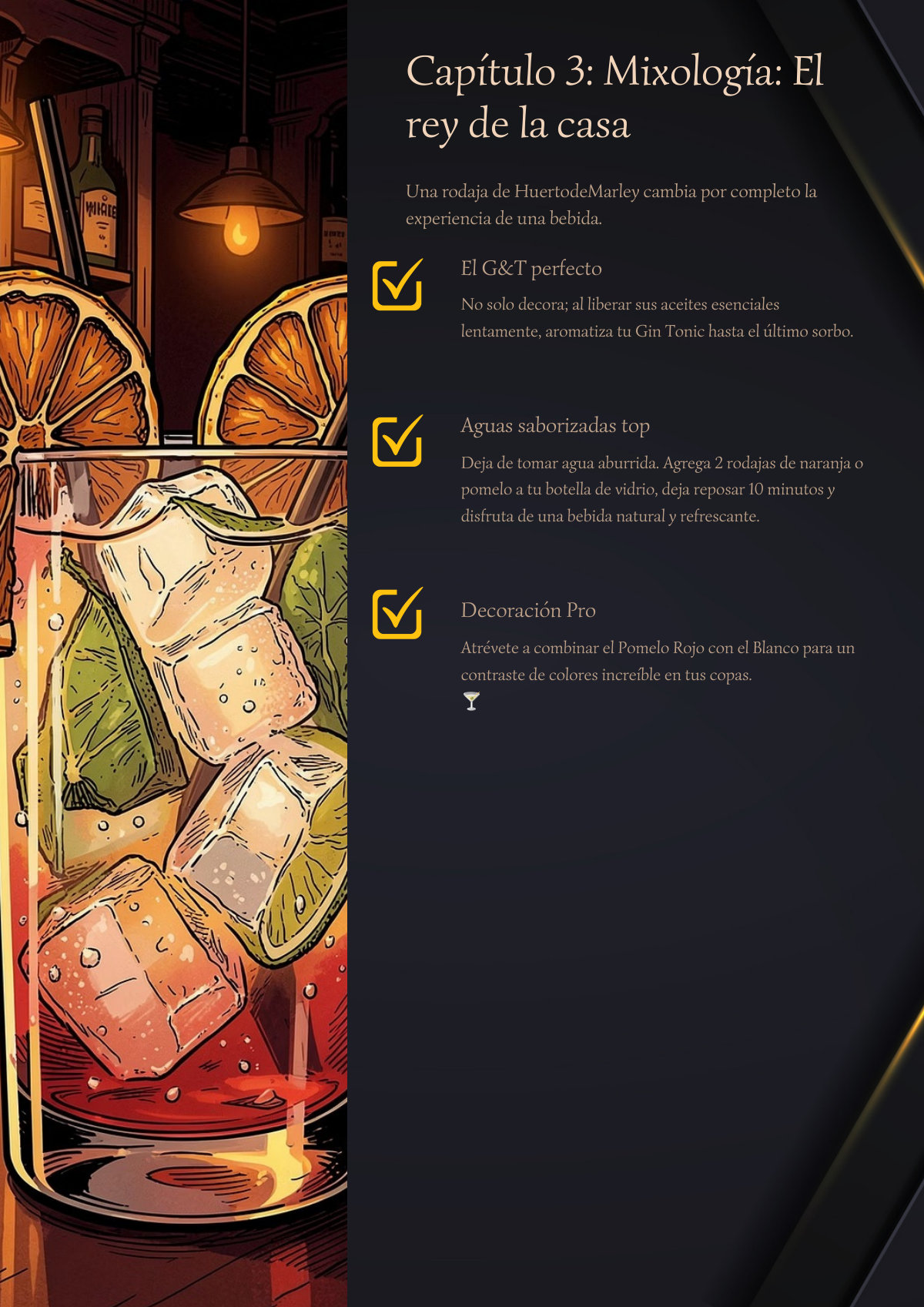 Pagina de mixologia y cocteleria con citricos del ebook de Huerto de Marley