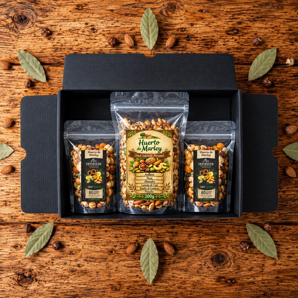 Pack Trío Mix Frutos Secos Huerto de Marley visto desde arriba sobre mesa de madera con especias