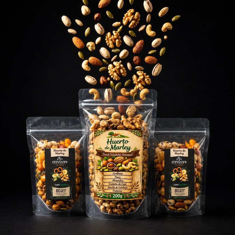 Mix Superior 200g y Mix Cervecero 80g de Huerto de Marley con frutos secos cayendo sobre fondo negro