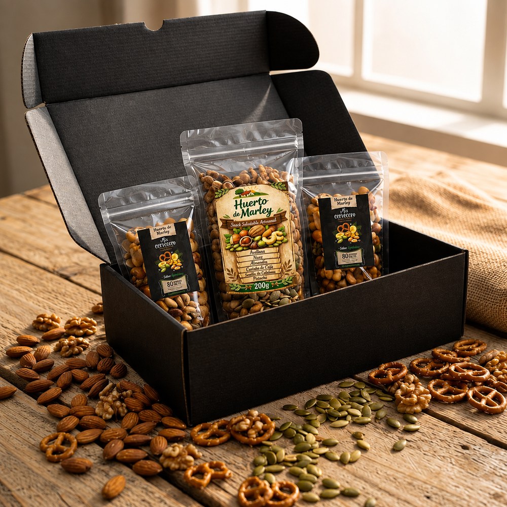 Pack Trío Mix Frutos Secos Huerto de Marley sobre mesa de madera con almendras, nueces y pretzels