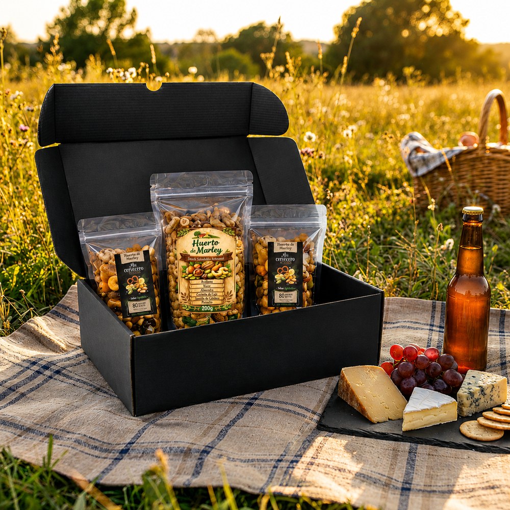 Pack Trío Mix Frutos Secos Huerto de Marley en picnic al aire libre con cerveza y quesos