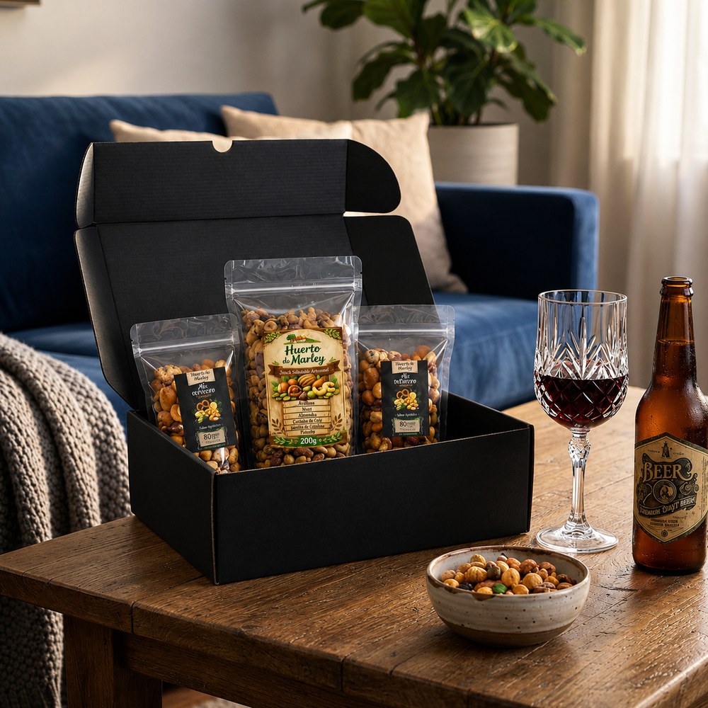 Pack Trío Mix Frutos Secos Huerto de Marley como regalo en living con copa de vino y cerveza