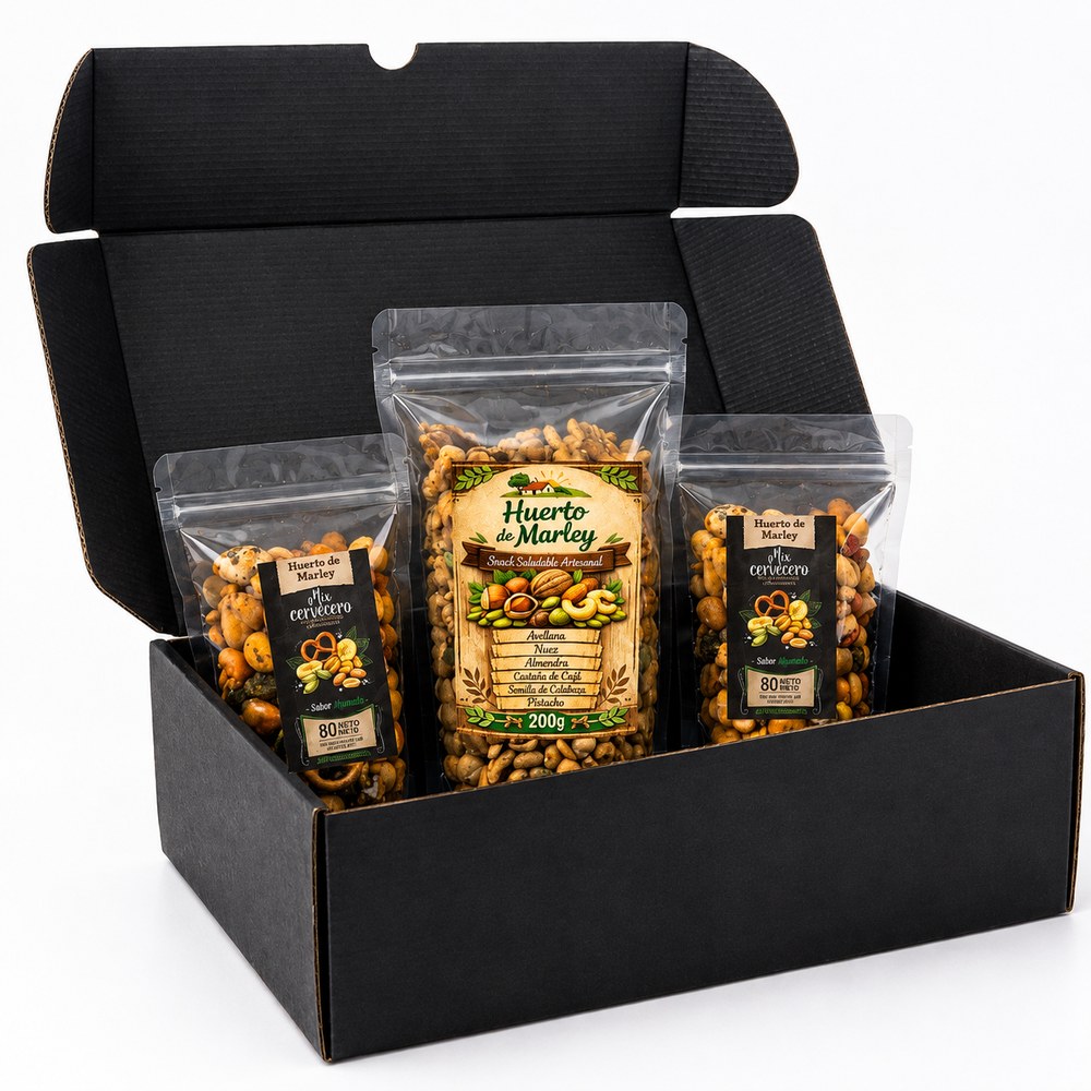 Pack Trío Mix Frutos Secos Huerto de Marley: Mix Superior 200g y dos Mix Cervecero 80g en caja de regalo negra
